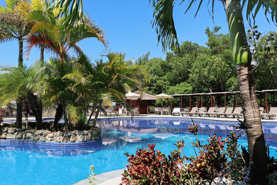 Piscina entre plantas tropicais