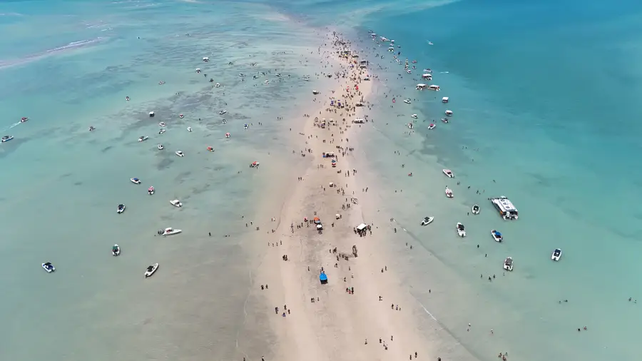 Vista aérea do banco de areia nas águas turquesa de Maragogi